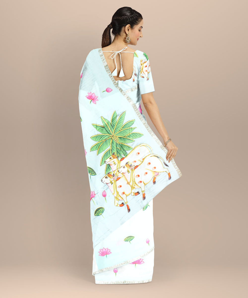 Sky blue green silk hand painted saree