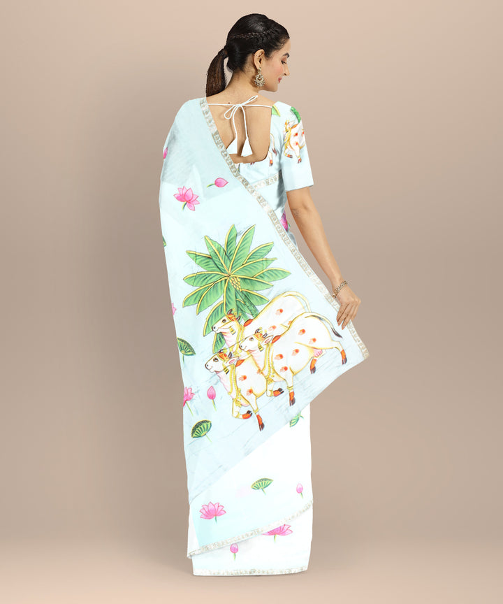 Sky blue green silk hand painted saree