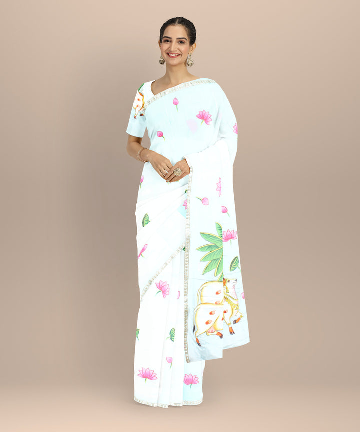 Sky blue green silk hand painted saree