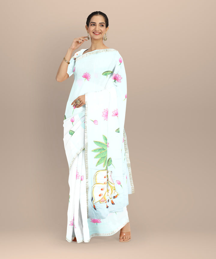Sky blue green silk hand painted saree