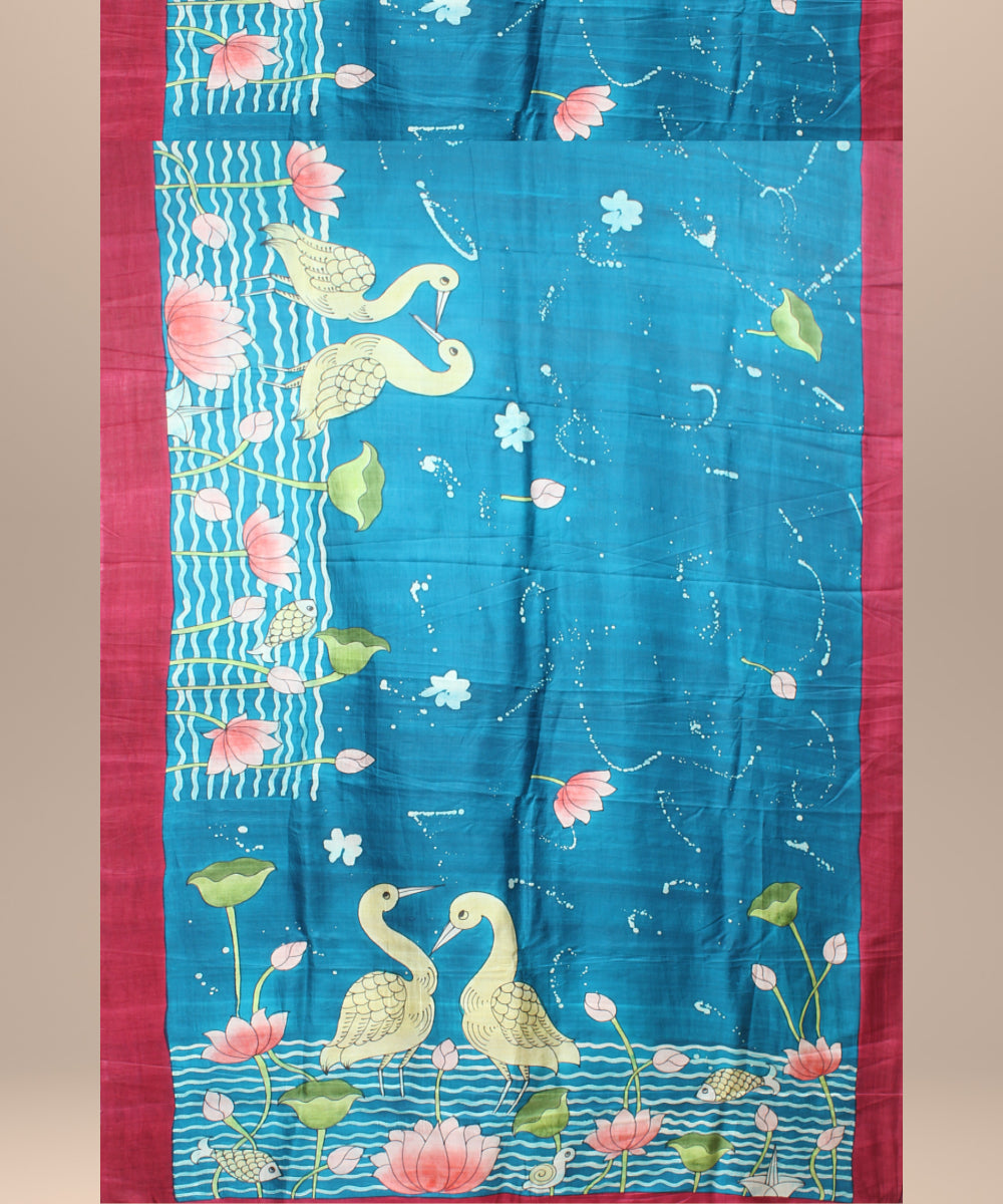 Multicolor maroon silk hand painted batik print saree
