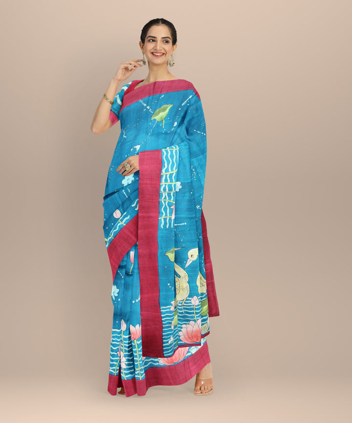 Multicolor maroon silk hand painted batik print saree