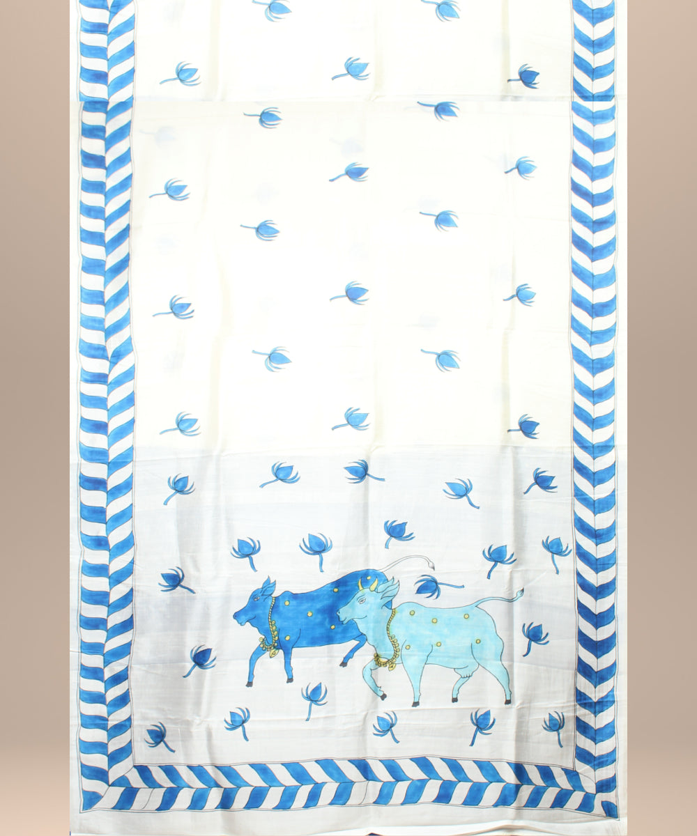 Sky blue silver silk hand painted saree