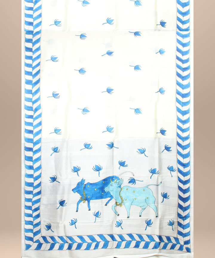 Sky blue silver silk hand painted saree