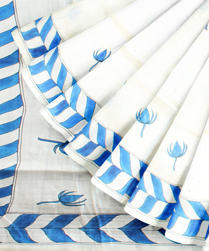 Sky blue silver silk hand painted saree