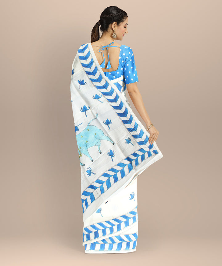 Sky blue silver silk hand painted saree