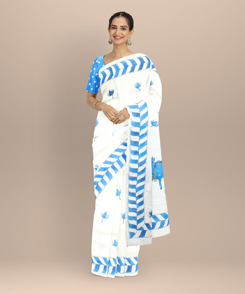 Sky blue silver silk hand painted saree