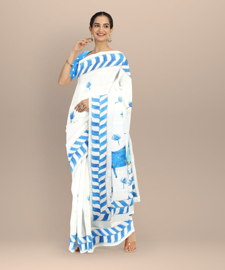 Sky blue silver silk hand painted saree