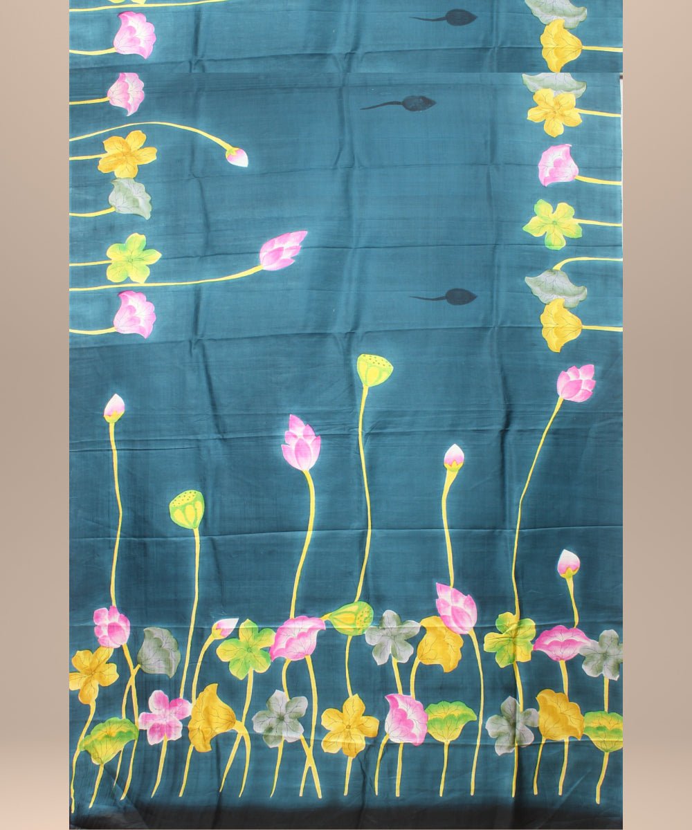 Dark green multicolor silk hand painted saree