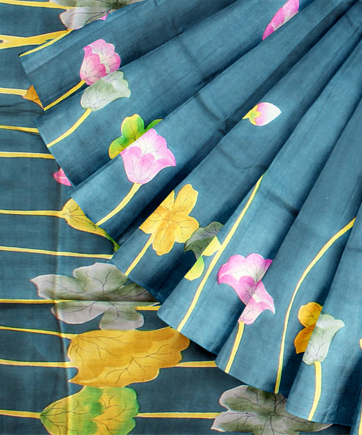 Dark green multicolor silk hand painted saree