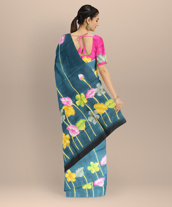 Dark green multicolor silk hand painted saree