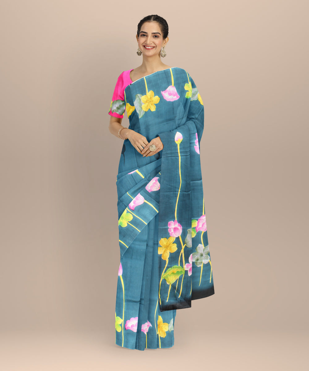 Dark green multicolor silk hand painted saree