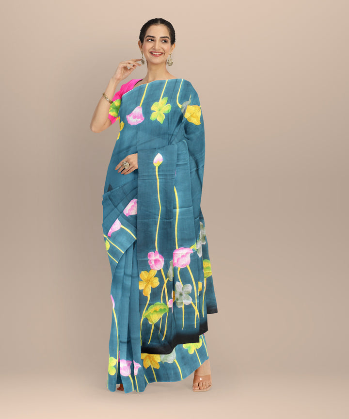 Dark green multicolor silk hand painted saree