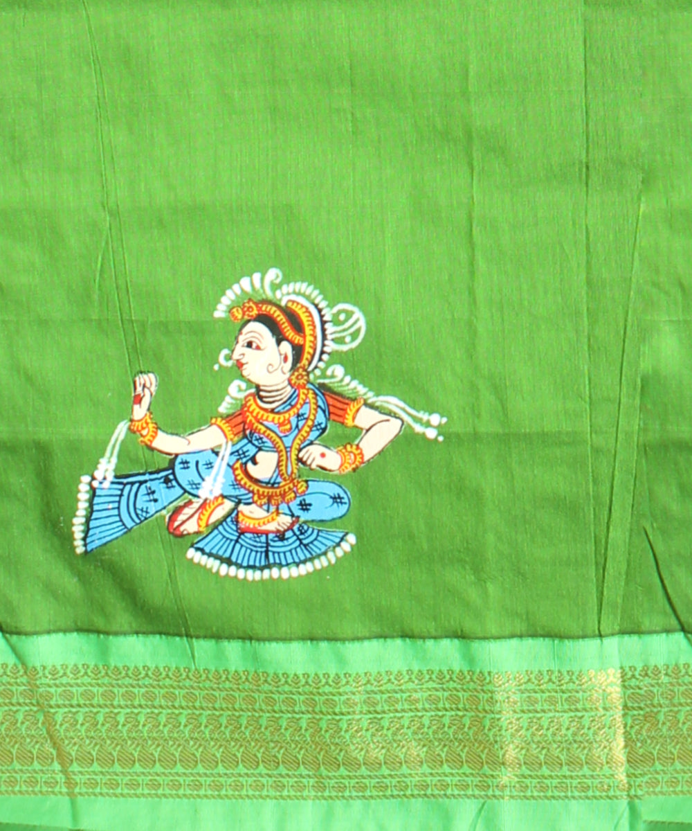 Red green cotton hand painted saree