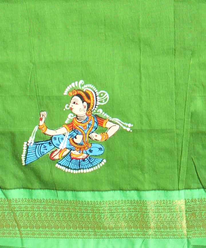 Red green cotton hand painted saree