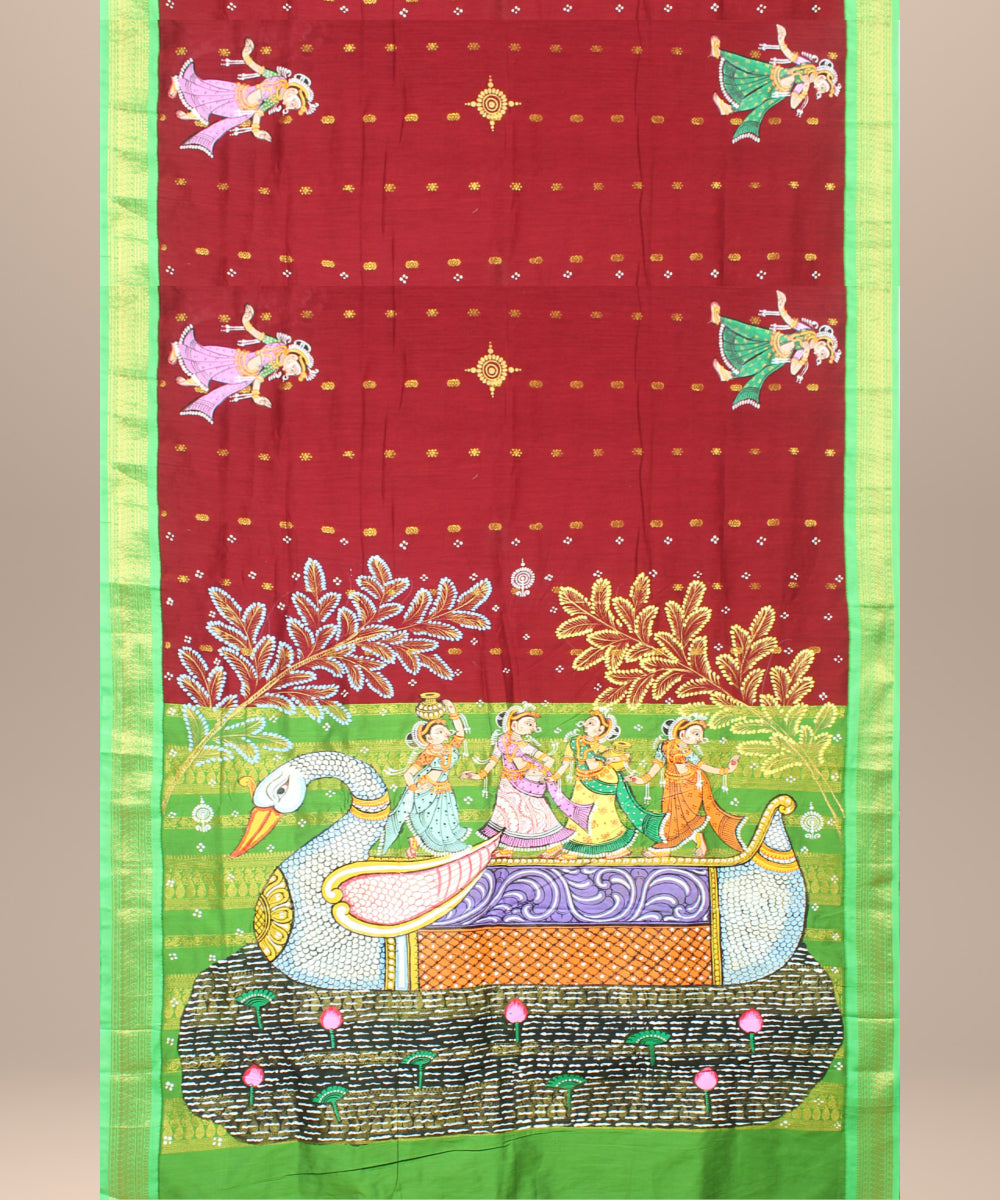 Red green cotton hand painted saree