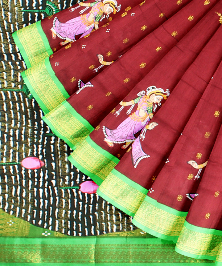 Red green cotton hand painted saree