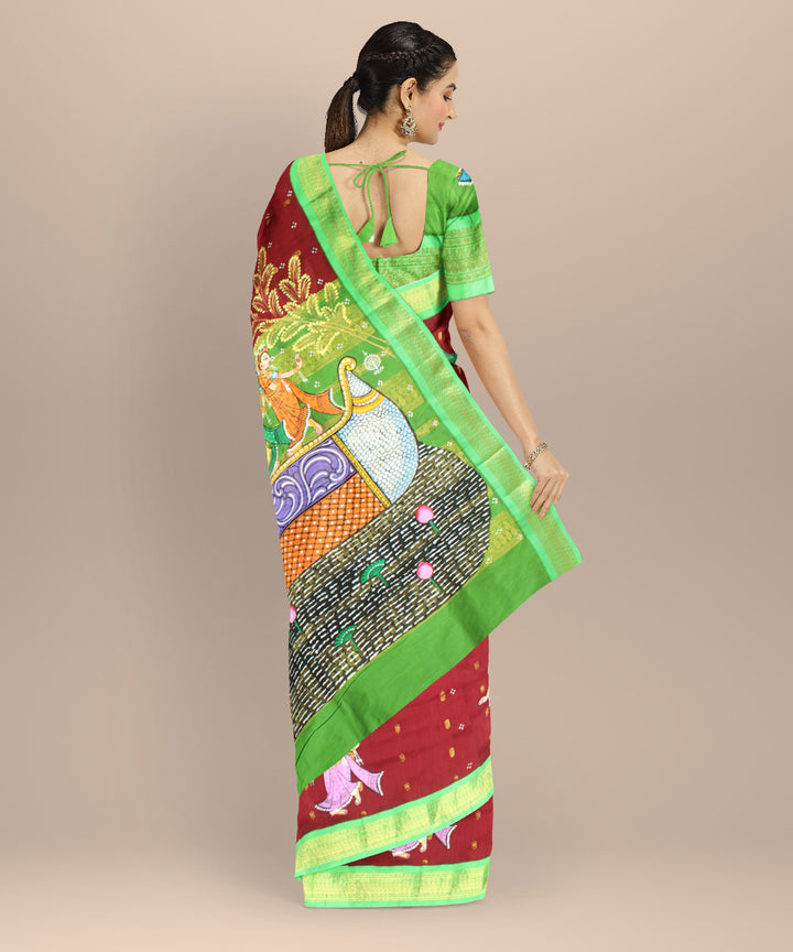 Red green cotton hand painted saree