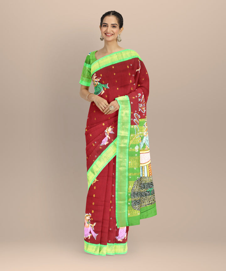 Red green cotton hand painted saree