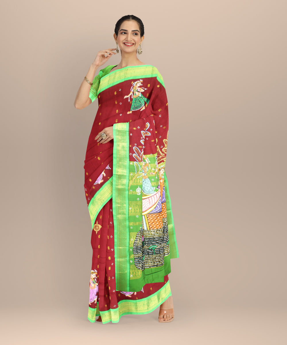 Red green cotton hand painted saree