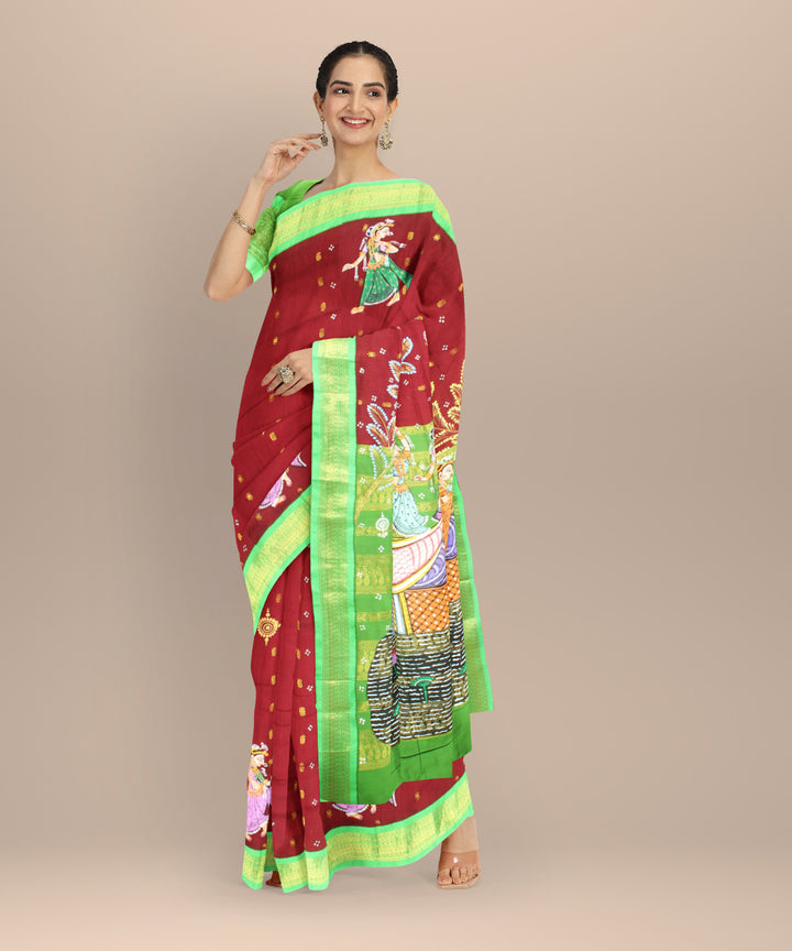 Red green cotton hand painted saree
