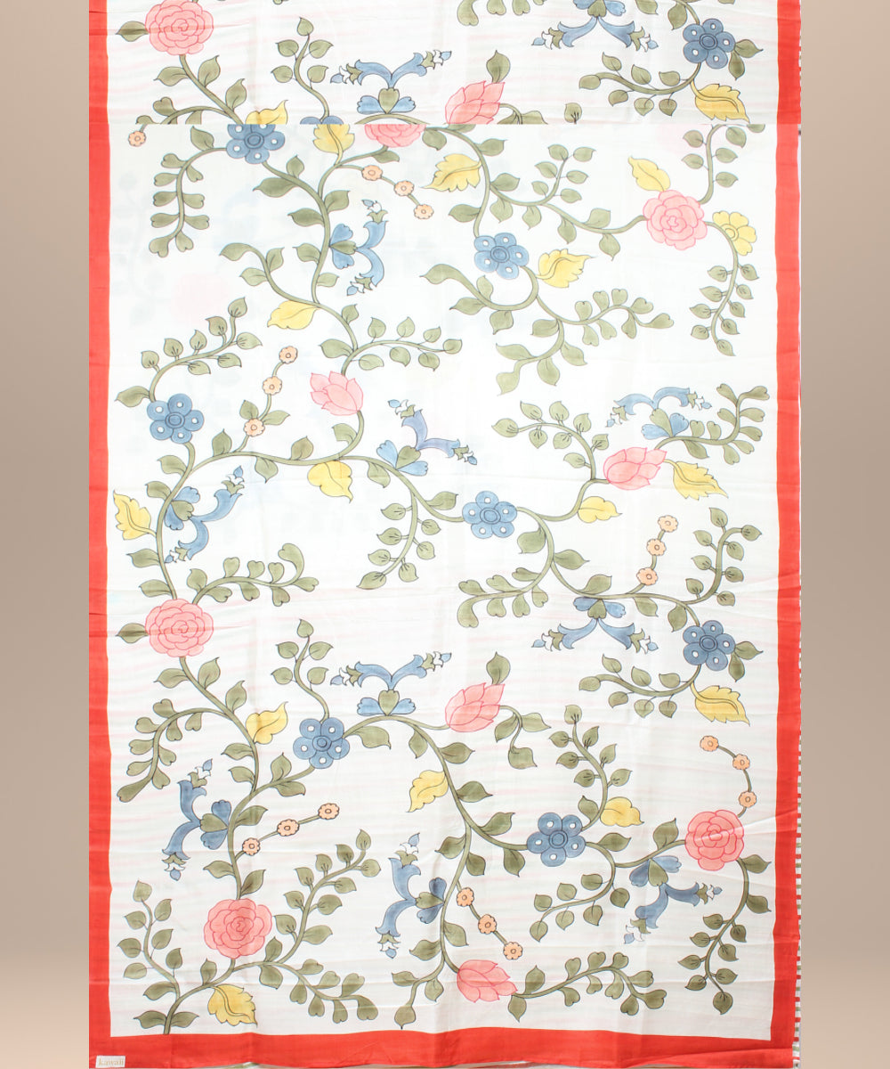 White multicolor silk hand painted saree