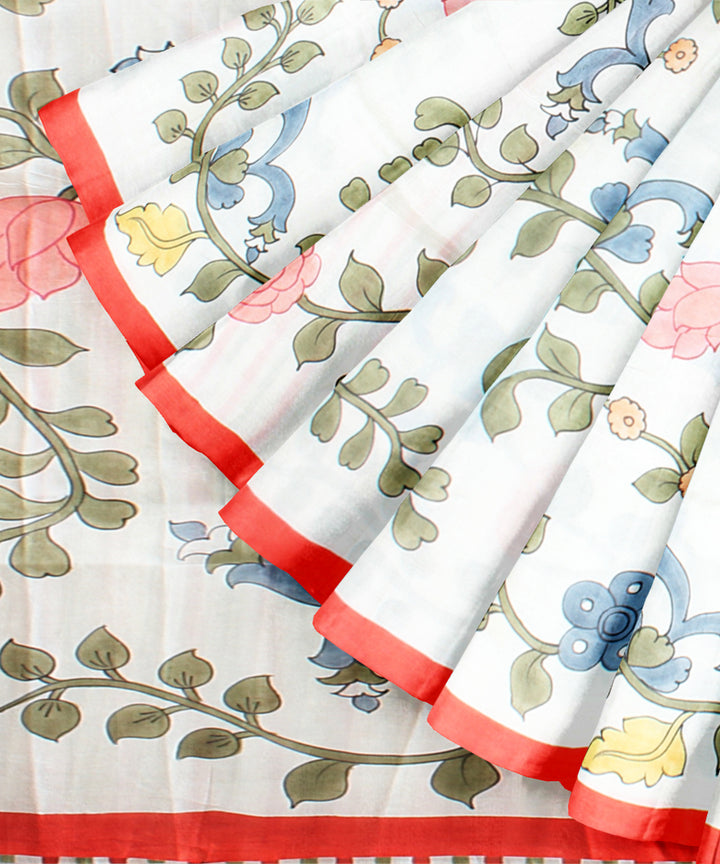 White multicolor silk hand painted saree