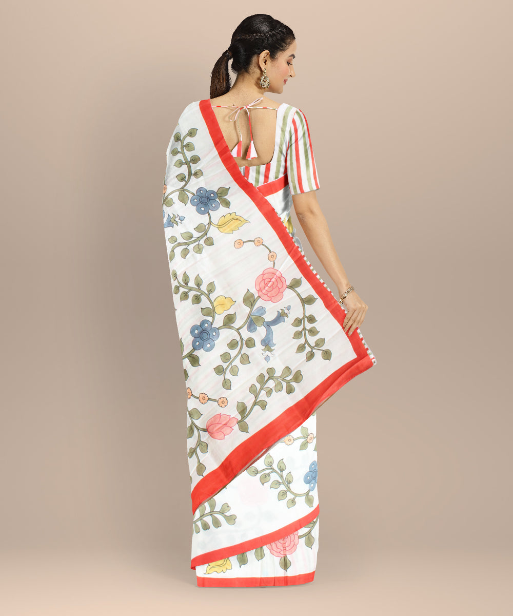 White multicolor silk hand painted saree