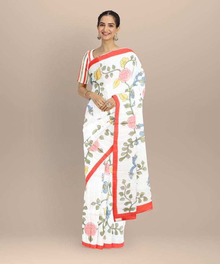 White multicolor silk hand painted saree