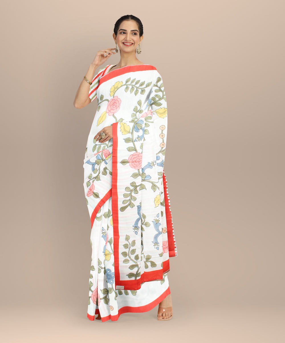 White multicolor silk hand painted saree