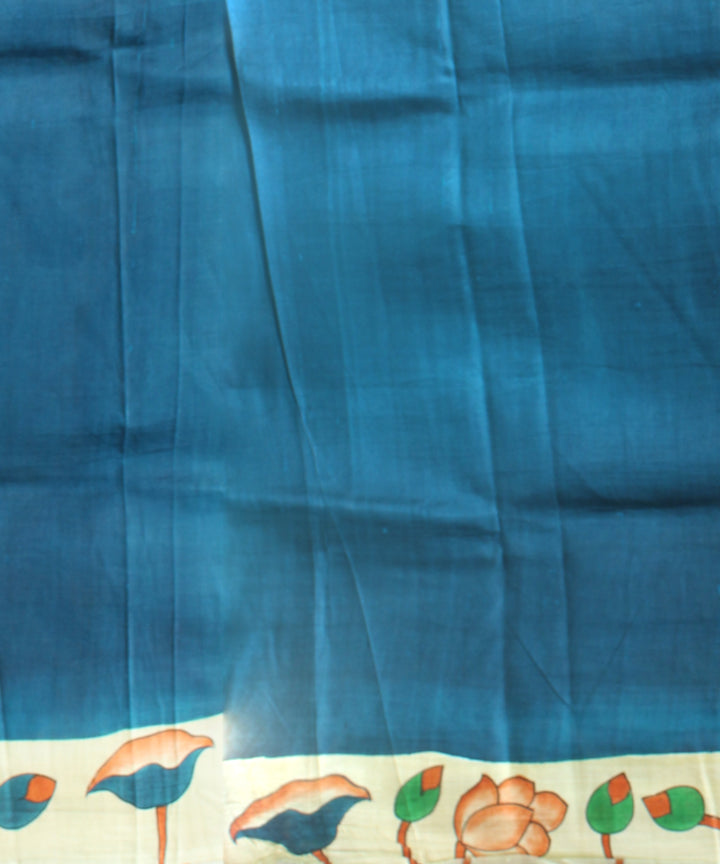 White navy blue silk hand painted saree