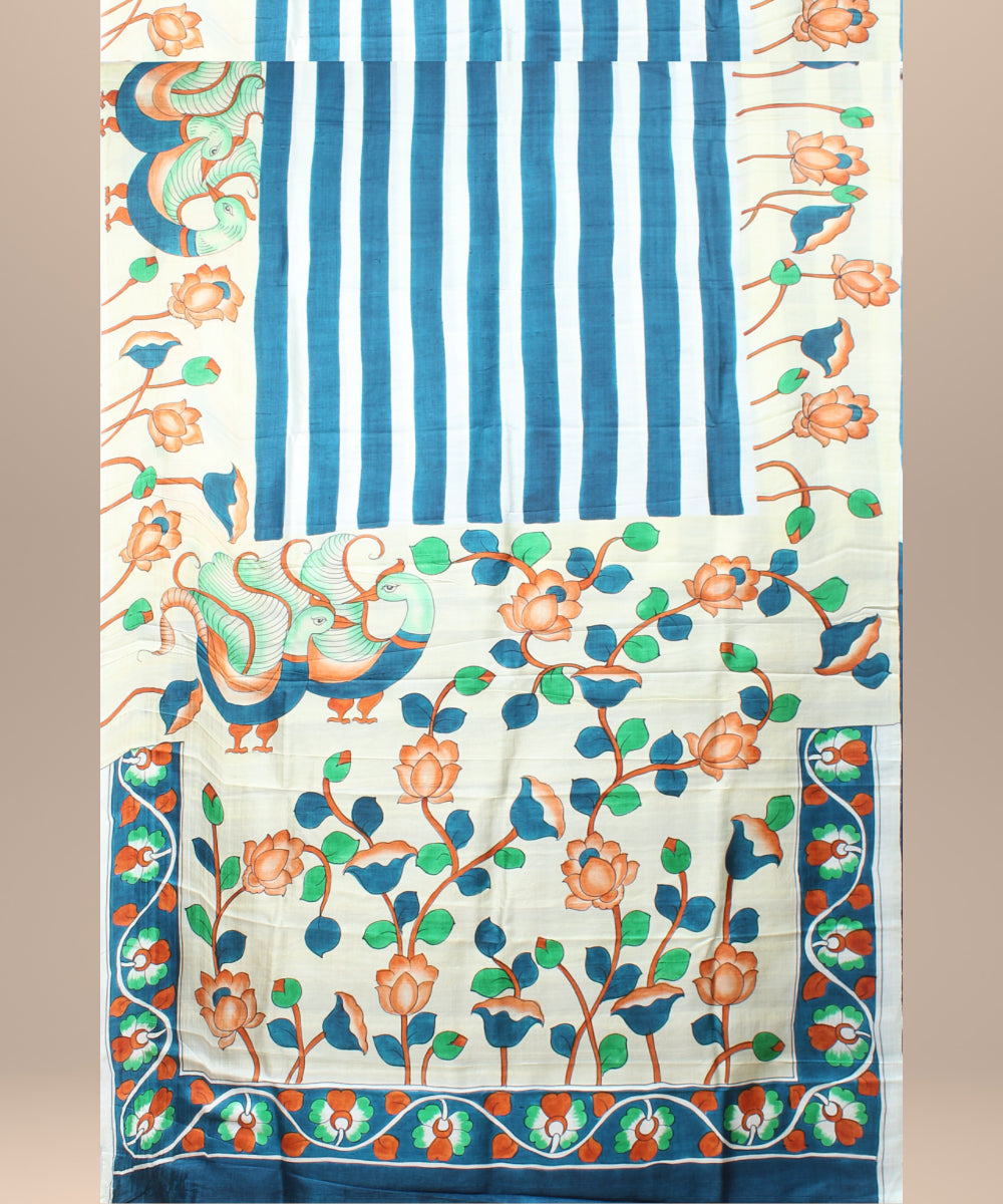 White navy blue silk hand painted saree