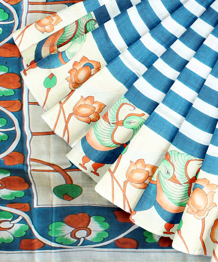 White navy blue silk hand painted saree