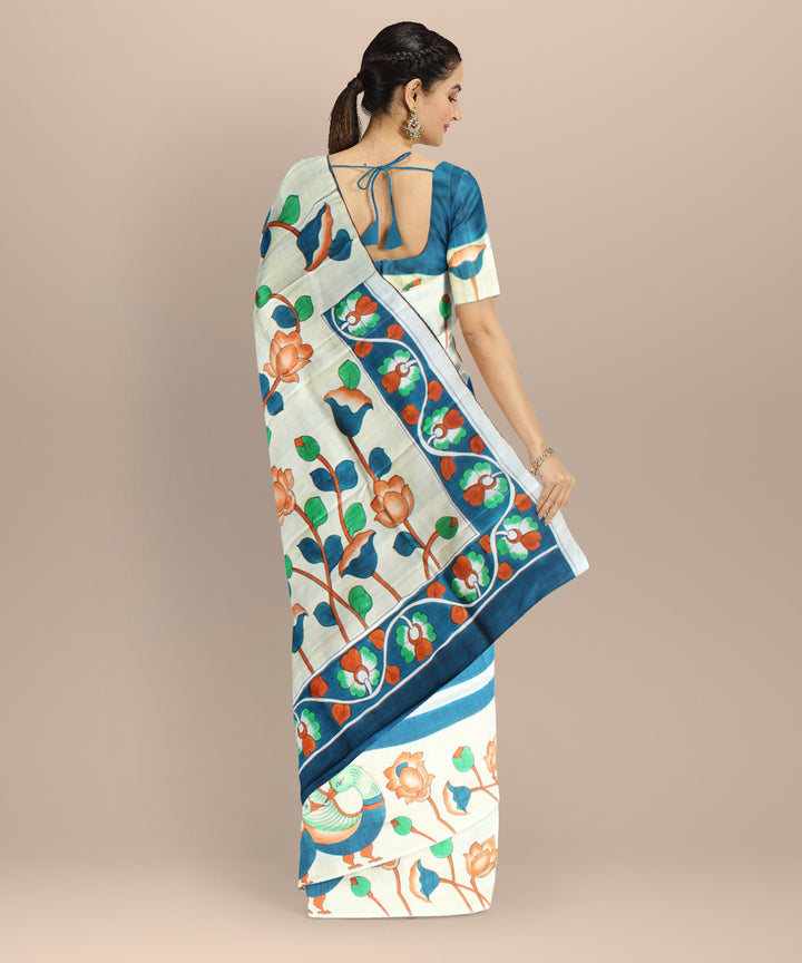 White navy blue silk hand painted saree