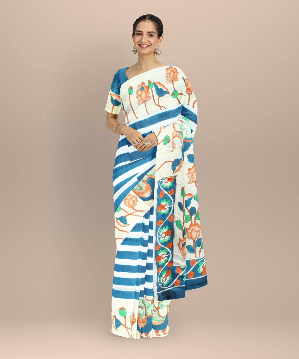 White navy blue silk hand painted saree