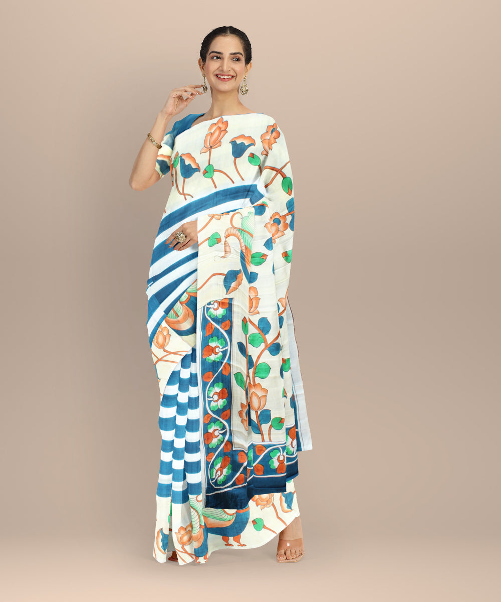 White navy blue silk hand painted saree