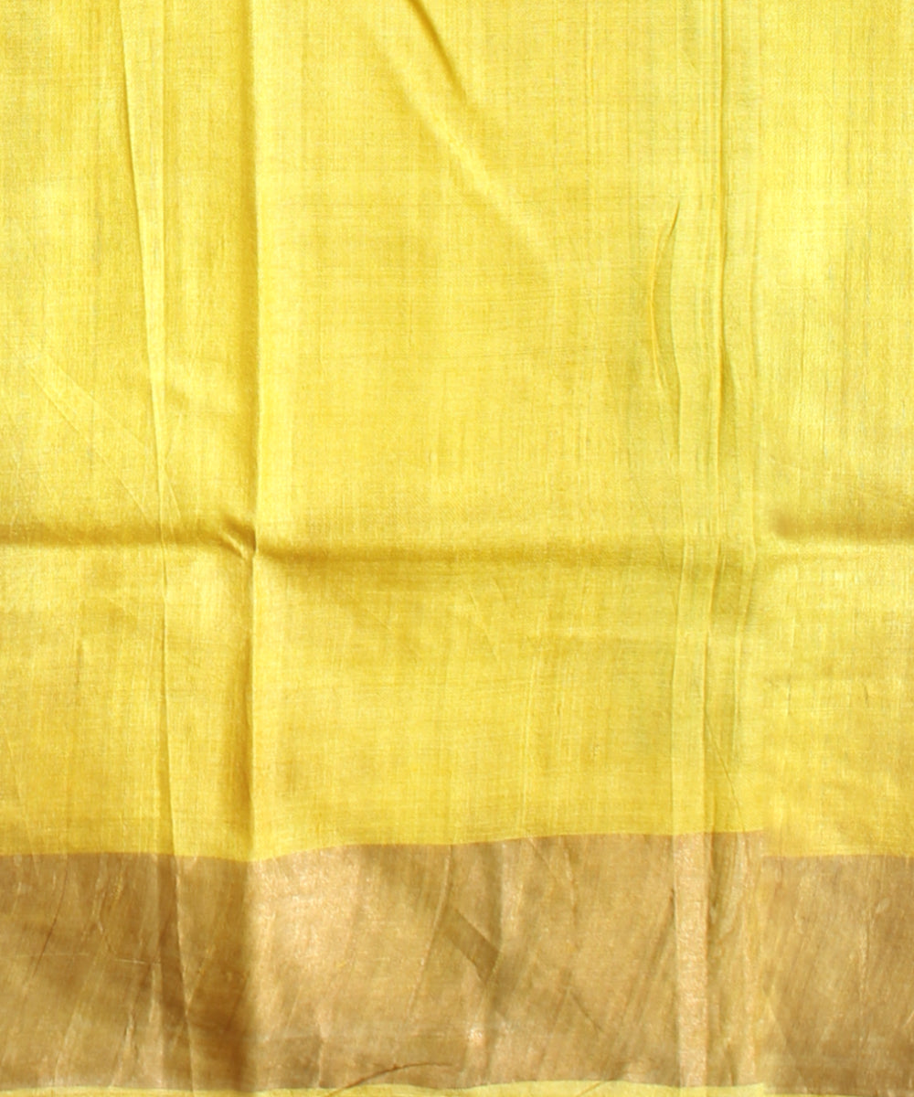 Sky blue mustard tussar silk handloom hand printed saree