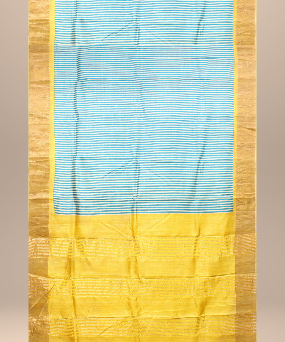 Sky blue mustard tussar silk handloom hand printed saree