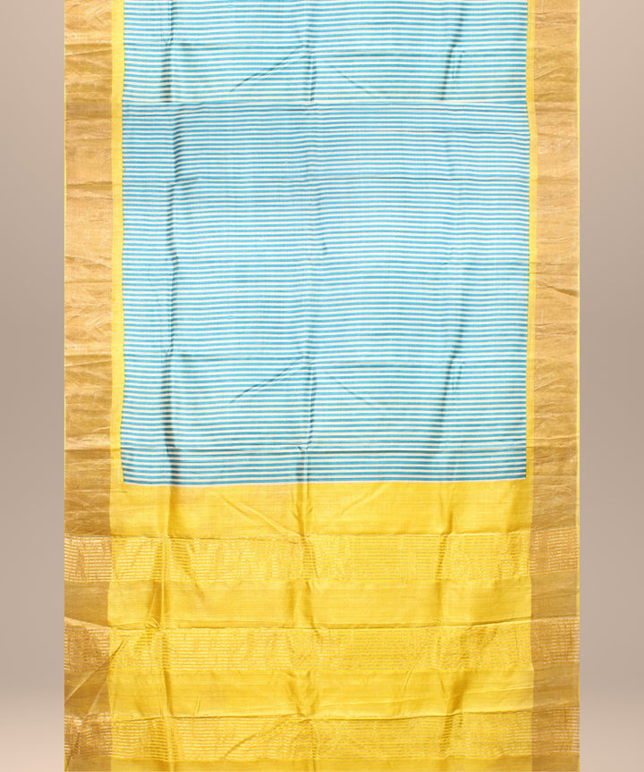 Sky blue mustard tussar silk handloom hand printed saree