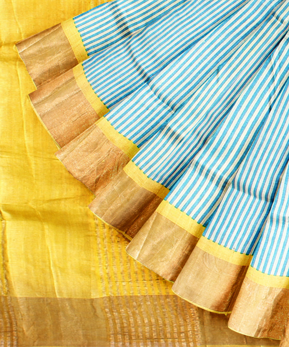 Sky blue mustard tussar silk handloom hand printed saree