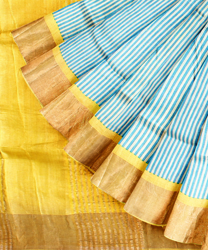 Sky blue mustard tussar silk handloom hand printed saree