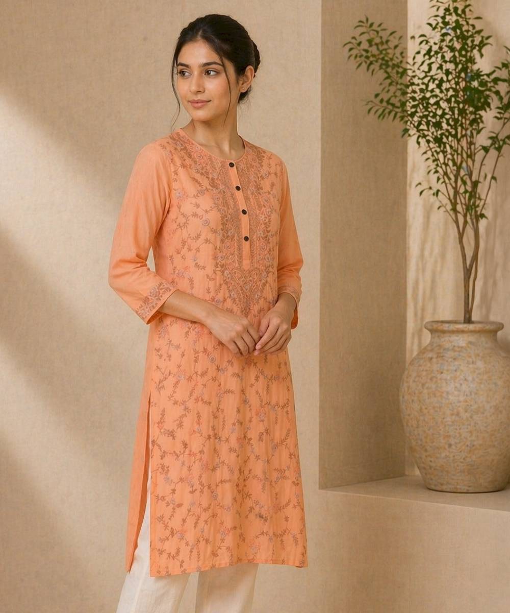 Peach cotton embroidered kameez