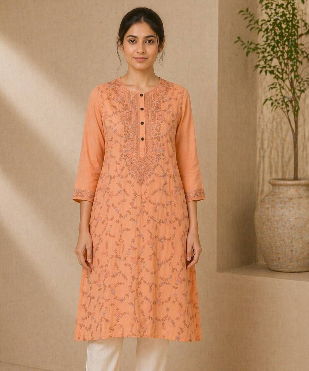Peach cotton embroidered kameez
