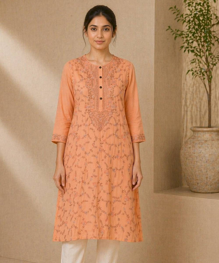 Peach cotton embroidered kameez