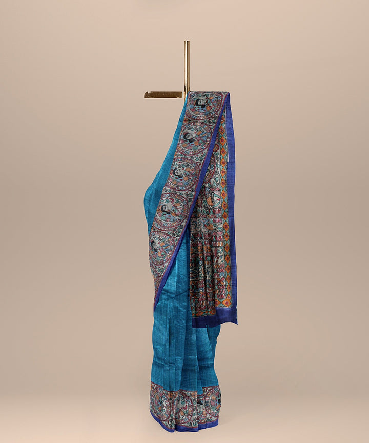 Cyan blue multicolor tussar silk handloom madhubani painting saree