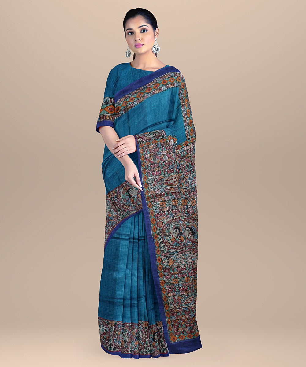 Cyan blue multicolor tussar silk handloom madhubani painting saree