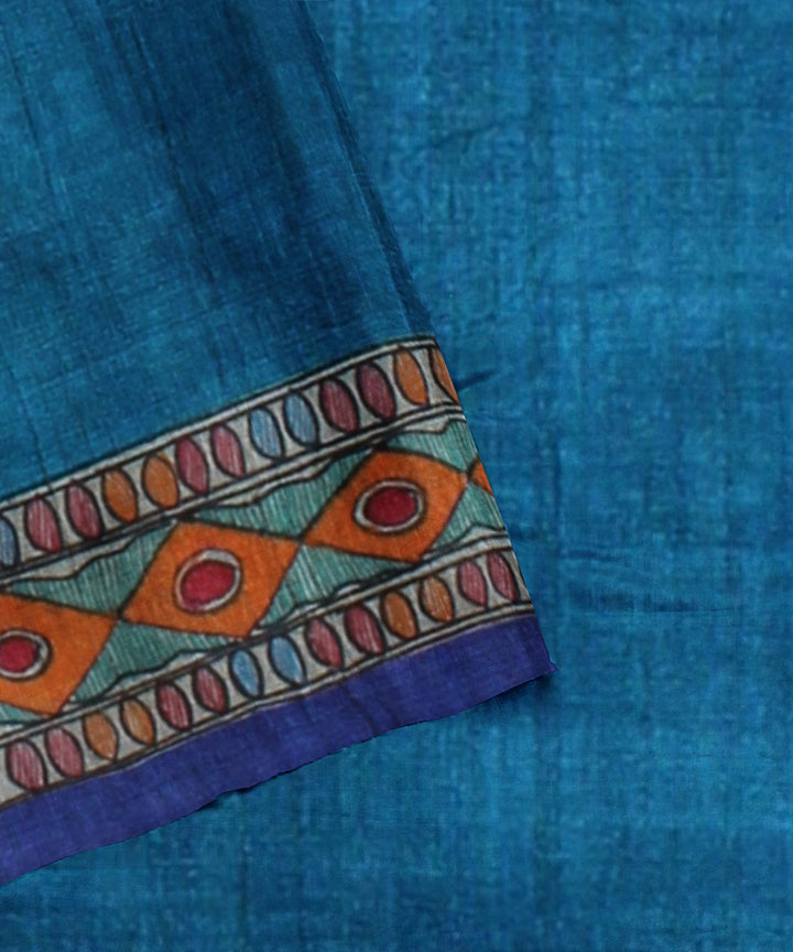 Cyan blue multicolor tussar silk handloom madhubani painting saree