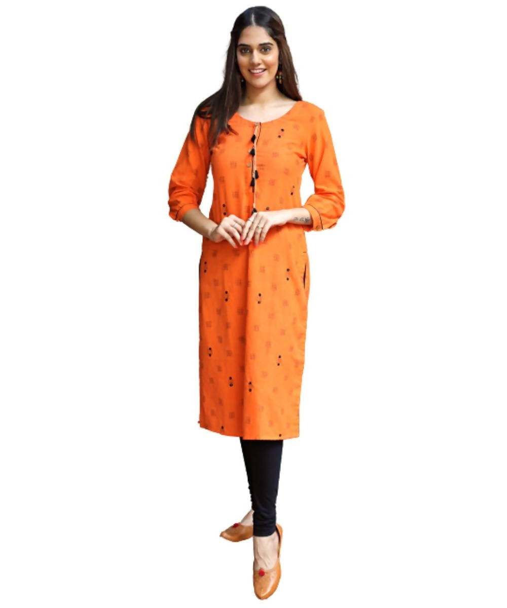 Orange cotton ikat kurti with hand embroidery