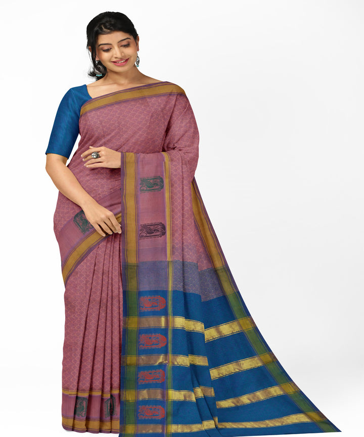 Light maroon blue cotton handwoven rajahmundry saree