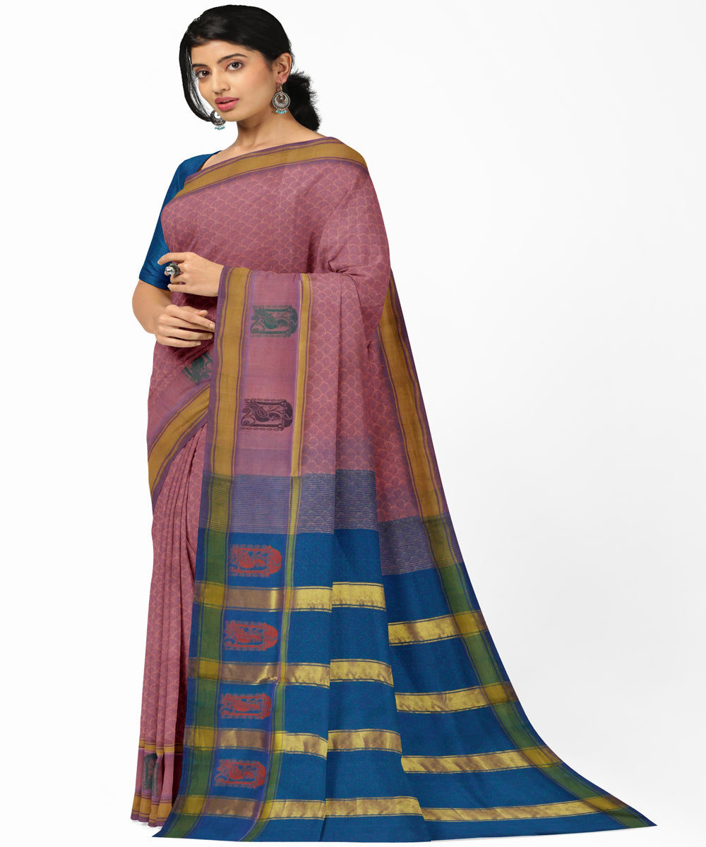 Light maroon blue cotton handwoven rajahmundry saree
